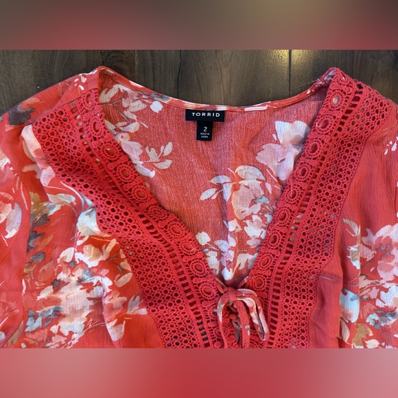 Torrid Floral Boho Crochet Peplum Blouse 2 – Bell Sleeves, Tie Front, Rayon - Picture 3 of 5